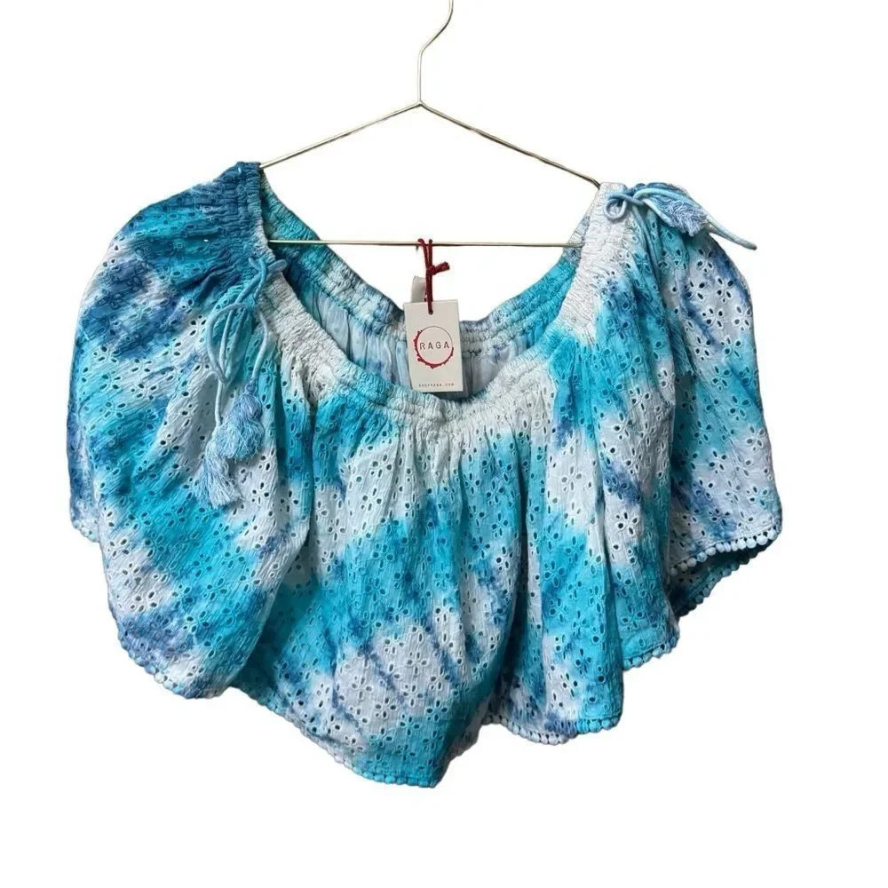 NWT Raga SAMPLE Whisper crop top off shoulder eyelet tie dye Small - Picture 3 of 9